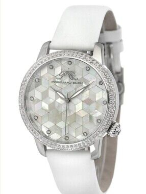 Porsamo Bleu Luxury White Leather Mother-of-Pearl Geometric Dial Women's Watch